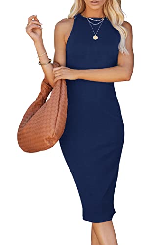 Image of PRETTYGARDEN Women's Summer Ribbed Bodycon Midi Dresses | Soft Stretchy Knit, Sleeveless Tank Dress, Slim Fitted, Elegant Spring Outfit for Work, Vacation Travel, Date Night, Party