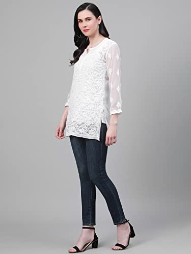 Image of Ada Women's Georgette Regular Fit Chikankari Hand Embroidered Lucknowi Short Top Kurti with Slip A211683