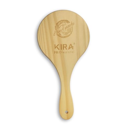 Image of KIRA Professional Beautiful Double Sided Makeup Mirror, Vanity Magnifying Both Use of Hand Held Travel and Dressing Table Yellow Wooden Handle,Beige (Round)