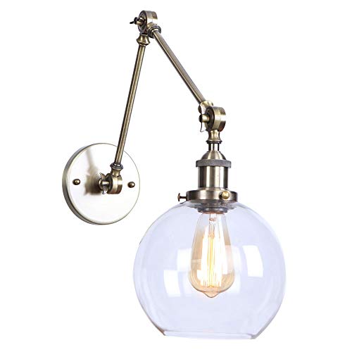KWOKING Lighting Industrial Vintage Style 1 Light Wall Sconces Adjustable Swing Arm Wall Light Fixture with Clear Globe Glass Shade Hanging Lamp for Bedroom Restaurant Barn Warehouse in Bronze