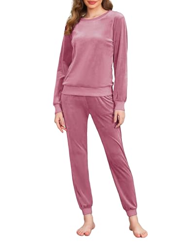 Wayleb Conjunto Chándal Terciopelo Mujer Manga Larga Cálido Pijama Mujer Invierno Terciopelo 2 Piezas Cuello Redondo Elática Conjunto Térmica Suave Cómodo