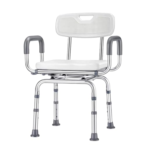 Silla de ducha giratoria 360°, plegable, estable hasta 180 kg, con respaldo y reposabrazos, altura ajustable con almohadillas antideslizantes para los pies, silla de ducha para personas mayores,