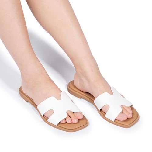 Image of FITORY Women's Slide Sandals, Flat Fashion Square Open Toe with Cushion Slippers for Summer Beach