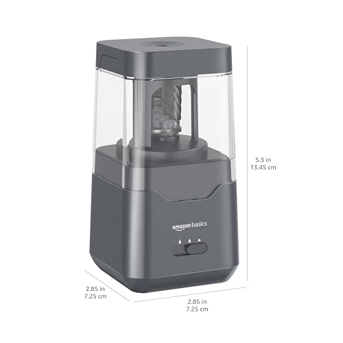 Image of Amazon Basics Portable Electric Pencil Sharpener, Easy to Use, Versatile, Helical Blade, Auto Stop, Battery /USB Cord Operated, Black, 2.87 x 2.87 x 5.3 in