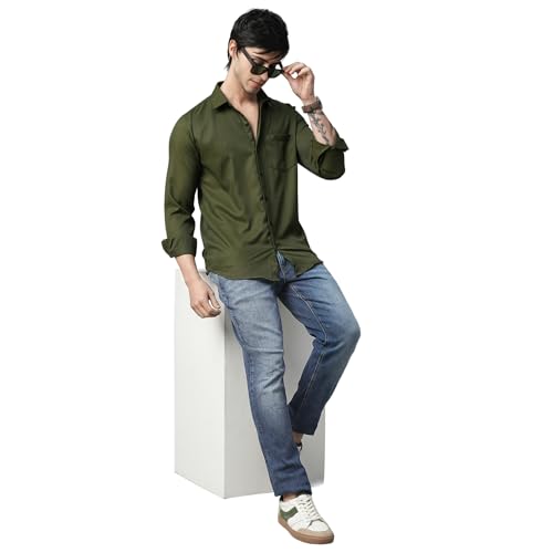 Image of Men's Army Green Regular Fit Casual Shirt | Solid Cotton Blend Full Sleeve Shirt for Office, Party