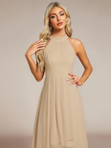 Image of Ever-Pretty Women's Halter Chiffon Midi Cocktail Wedding Guest Dress | High Low, Pleated, Summer Semi Formal Dress, Mother of the Bride Dress