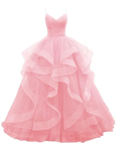 Glitter Tulle Prom Dresses Spaghetti Straps Ball Gowns for Women Puffy Tiered Formal Evening Party Dress