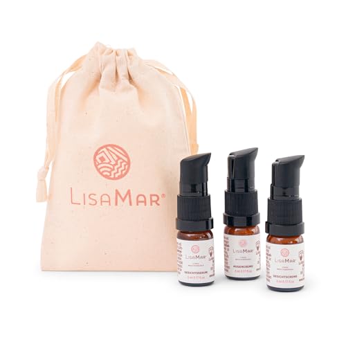 LisaMar® Set de cuidado para viajes y viajes – sérum facial, crema para ojos y crema facial de 5 ml en bolsa de algodón Revervendabrem