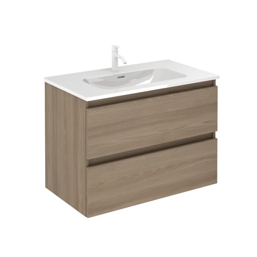 EstiloBaño - Aurora | Conjunto Mueble de Baño SUSPENDIDO con 2 Cajones + Lavabo | Disponible 60-80-100 + Blanco - Nogal 【Ancho 60】 【Nogal】
