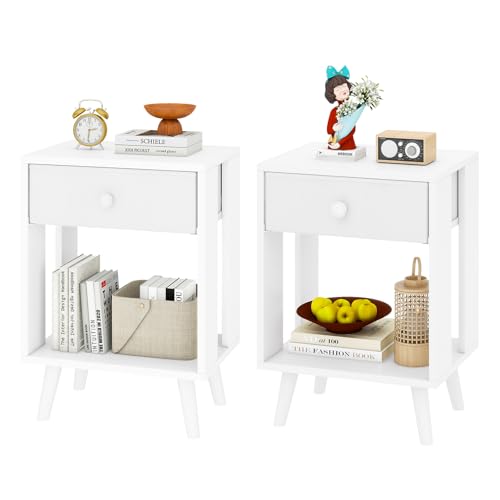 YMYNY Mesita de Noche, Juego de 2, Mesa Auxiliar, Mesilla de Noche, Cajón de Tela, Compartimento Abierto, Estilo Moderno, Struttura Semplice, para Dormitorio, Salón, Blanco HST012W-2
