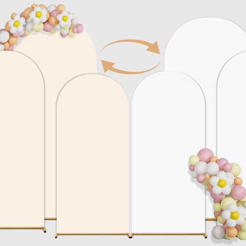 Arch Backdrop Cover Set of 3 Double Color 6ft/6.6ft/7.2ft Wedding Arch Cover Spandex Fitted Arch Covers,Round Top Chiara Arch Backdrop Cover for Baby Party Birthday Banquet Shower (White+Cream)