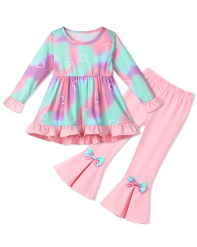 Toddler Girl Clothes Girls Fall Winter Outfits, Ruffle Long Sleeved Floral Shirts Top + Bell-Bottoms Flare Pants Set