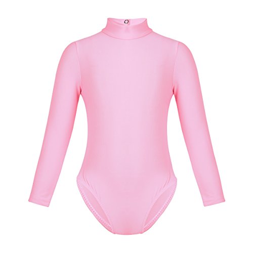 QinCiao Girls Kids Basic Stretch Long Sleeve Mock Turtle Neck Leotard Gymnastic Ballet Dance Leotard Active Top T-Shirt Pink 5-6