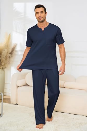 Image of JiniGolla Mens Pajamas Set Soft Short Sleeve Top and Pant Loungewear Sets 2 Piece Pjs with Pockets