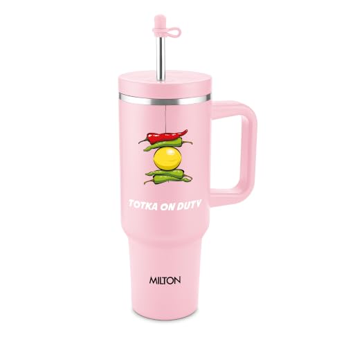 Image of MILTON My Tumbler Studio 1200 Thermosteel Double Wall Vacuum Insulated SS Tumbler with Handle 1100ml, Leak Proof Travel Mug, Straw, Silicon Cap Cleaning Brush, Hot & Cold Beverage Flask, Pink Totka