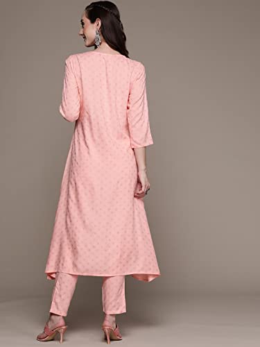 Image of anubhutee Women's Rayon Peach Gota Patti work Floral Embroidered A-Line Kurta Suit Set with Pants