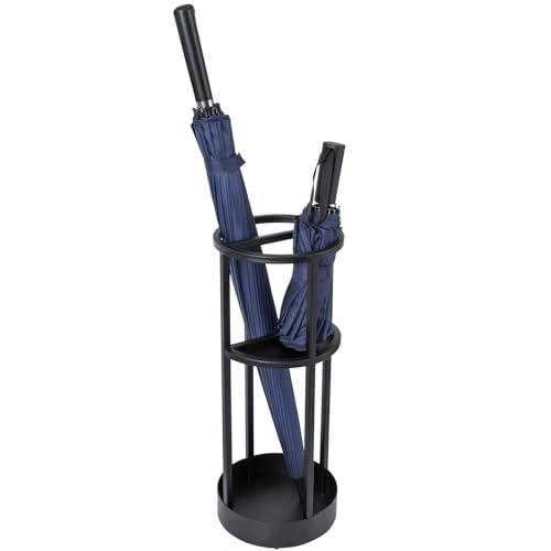 MyGift 20 Inch Tall Modern Round Matte Black Metal Freestanding Entryway Umbrella Rack or Cane Holder with Shelf for Small Umbrellas and Bottom Drip Catch