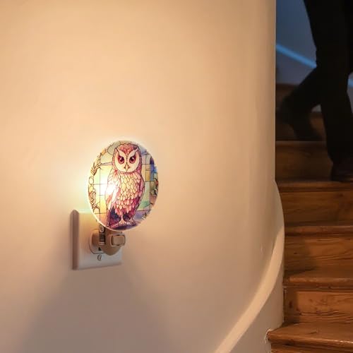 Image of Owl Night Light - Stained Glass Styled Plug-in Wall Light for Vertical Outlets - Real Glass, Warm Glow for Bedroom, Bathroom, Hallway - Cottagecore