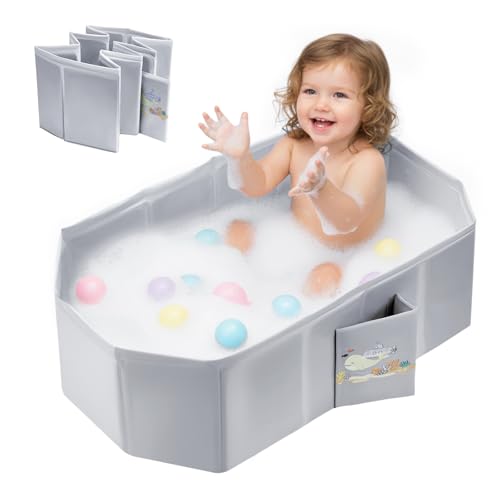 Image of Baby Bathtub for Newborn to Toddlers 1-6 Y, Foldable Infants Babies Bath Tub with Non-Slip Base and Drain Plug, Portable Bathtub for Home Outdoor (Light Grey, 78-45-30CM)