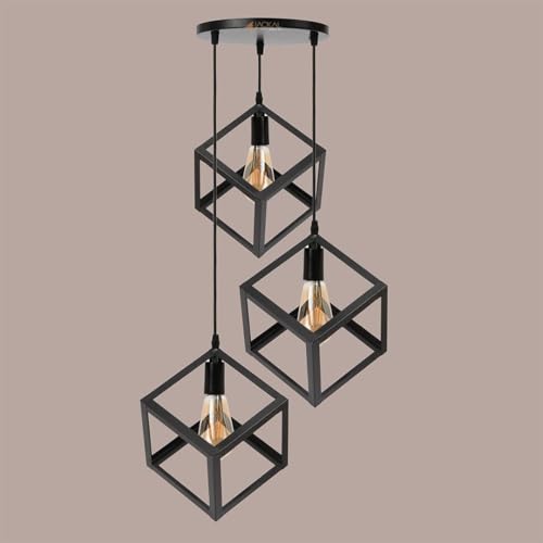 Image of JACKAL Vintage Pendant Light (with Bulb) | Decorative Fancy Lights for Home, Living Room, cafe, Restaurants & Bar (Vintage, 3 Set Cube Pendant, Metal, Medium, 1, LED Pendant Light)