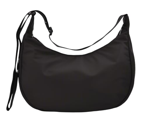 Medium Black Nylon Crescent Bag, Crescent Crossbody Bags for Women, Shoulder Bag with Adjustable Strap, Moon Shape, with Zippers & Interior Pocket