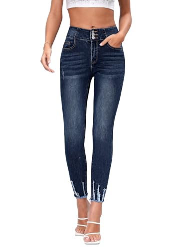 SweatyRocks Women's Ripped Raw Hem High Waist Skinny Jeans Casual Button Bootcut Denim Jeans