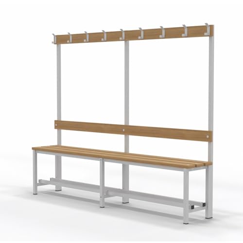 Spacio Banco de Madera Norrköping con Perchero para Vestuarios, Gimnasios, Instalaciones Deportivas. Estructura de Acero. Bancada para Personas en Madera. (2000x1600x350)