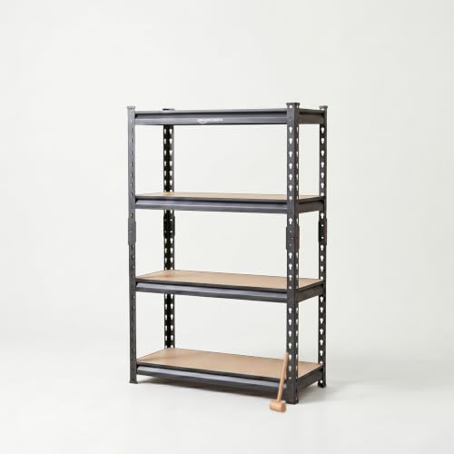 Image of Amazon Basics 4-Tier Storage Rack | Bolt-Free Assembly | Metal Stand & Thick MDF Board | 175kg Capacity Per Shelf | 54H x 24W x 12D inch Adjustable Shelf Rack for Home, Garage & Shop | Black