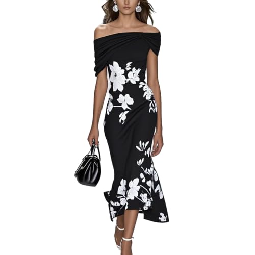 ACWUMU Womens Off Shoulder Floral Dresses Elegant Bodycon Flower Print Wedding Guest Party Summer Dress S-XL Black