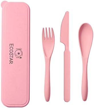 ECOSTAR Reusable Utensils set with Case, Portable Wheat Straw Cutlery Set, BPA-Free and Eco-friendly Knife Spoon Fork, Travel Utensils for Office, Dorm, and On-the-go (Pink, 1)