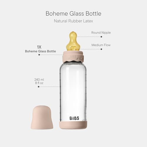 Image of BIBS Boheme Baby Glass Bottle 8 oz /240 ml. Anti-Colic. Round Natural Rubber Latex Nipple. Supports Natural Breastfeeding - Blush