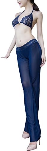 Baihuatianshi Sexy Lingerie Halter Lace Bra and Perspective Long Pant Set Comfortable Nightwear For Woman, Navy,One Size