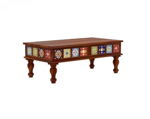 Image of Sheesham Wood Rectangle Center Coffee Table for Living Room | Centre Table for Drawing Room Office & Home | Multicolor Tile Design Wooden Coffee Table | Honey Finish