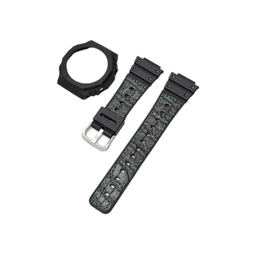 ブラック樹脂ストラップベゼル カシオ/G-SHOCK に適合 GA-2100 GA-2110 クイックリリース メンズ 防水 ゴム 交換用時計バンド 保護ケース(Black green line)