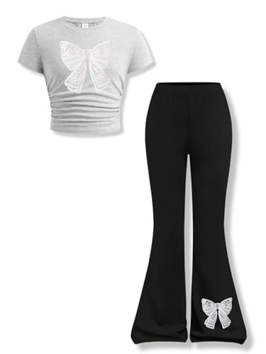 Image of Girls Clothes 2 Piece Short Sleeve Lace Bow Print Tops Flared Pants Set Little Girl Outfits Size 7-14