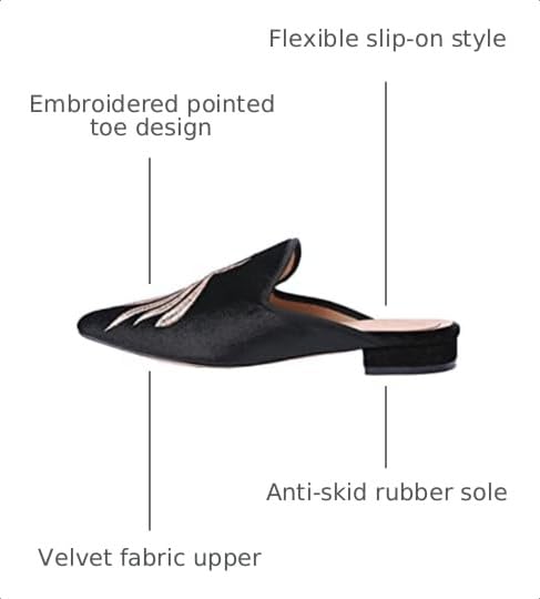 Image of Fericzot Women's Velvet Backless Pointed Toe Slip On Loafers Flats Embroidery Mule Slippers Shoes