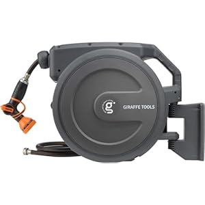 Giraffe Tools AW30 Garden Hose Reel Retractable 1/2″ x 100 ft Wall Mounted Water Hose Reel Automatic Rewind, Any Length Lock, 100 ft, Dark Grey