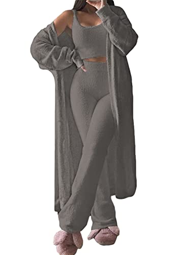 Image of Fixmatti Women's Fuzzy 3 Piece Sweatsuit Open Front Cardigan Crop Tank Tops Wide Legs Pants Lounge Sets