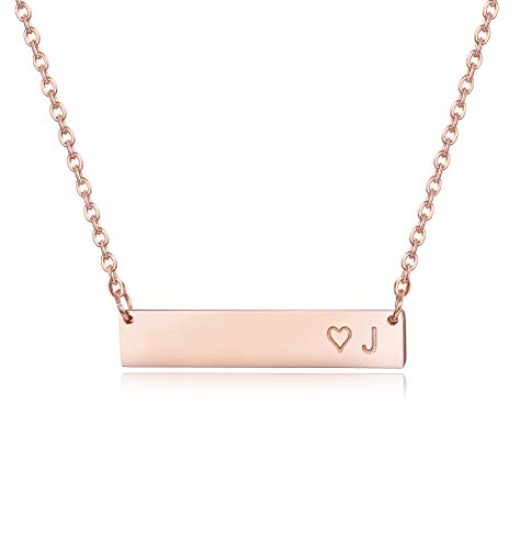 Finrezio Rose Gold Plated Stainless Steel Initial Heart Bar Necklace Alphabet Pendant Necklace