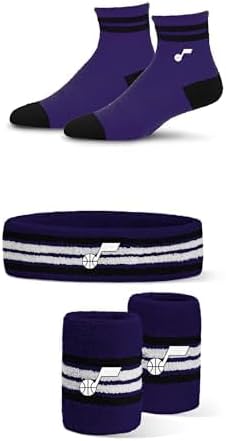 For Bare Feet Utah Jazz Fan Bundle NBA Youth 4-Stripe Deuce Crew Socks + Official Headband & Wristband Combo Pack (Youth OSFM)