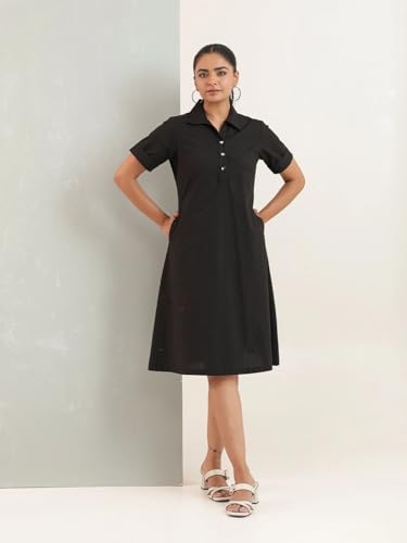 Image of Amazon Brand - INKAST Women Wide Collared Solid A -line Bottuned Mini Dress with Pockets | Summer Outfits | 100% Cotton | Casual Wear | One Piece