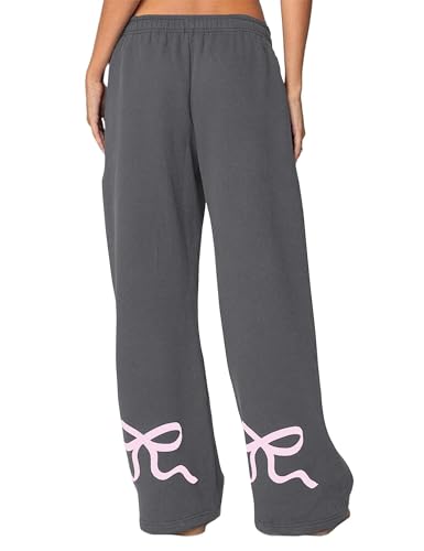 Livtany Women’s Straight Leg Graphic Bow Print Sweatpants Wide Leg Elastic Waistband Lounge Pant Lounge Joggers with Pockets