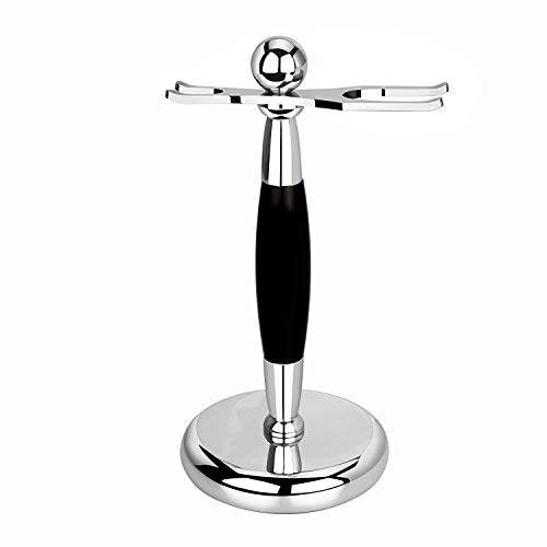 VELKOMIN Chrome Shaving Razor & Brush Stand Holder, Safety Razor and Shaving Brush Stand, Heavyweight Base & Black Handle