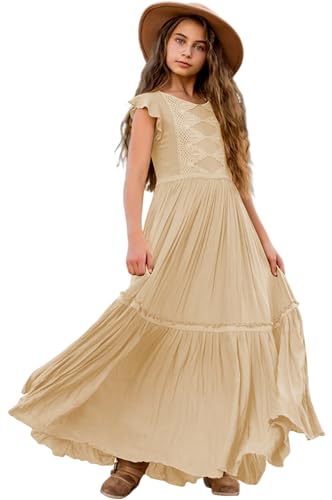 Girls O-Neck Chiffon Dresses Tiered Boho Flower Girl Ruffle Sleeve Lace Ruched A-Line Maxi Wedding Party Dresses