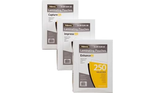 Fellowes A4 Laminating Pouches, Gloss, 160 Micron (2 x 80 Micron), Pack of 250