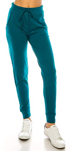RENESEILLE Women's Casual Joggers Sweatpants – French Terry Elastic Waist Tapered Pants Pockets Workout Running Active FT8900 Teal M