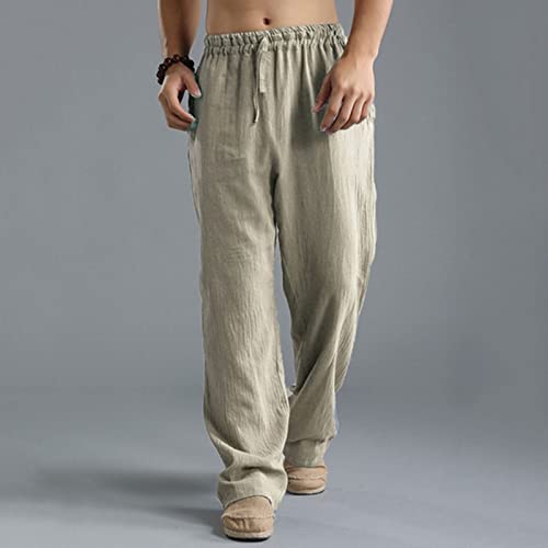 Men Linen Drawstring Pants Beach Golf Elastic Waist Spring Long Casual Loose Summer Yoga Cotton Jogger Trousers4