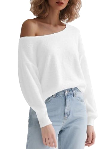 Image of Dressmine Womens Spring Thin Fluffy Off Shoulder Sweatshirts Long Sleeve Tops Knit Batwing Pullover Sweater Clothes