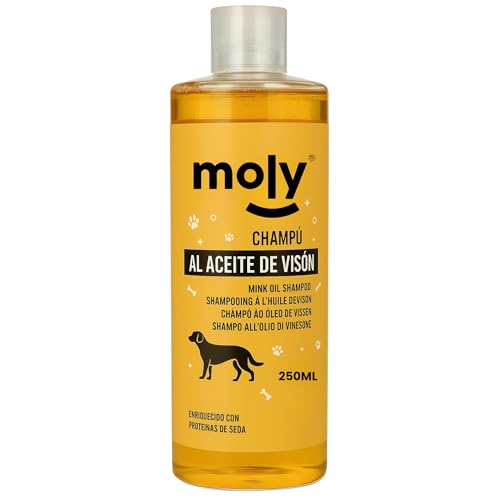 MOLY Champú para Perros al Aceite de Visón 250 ML | Champu Concentrado Perros Pelo Brillante y Suave Adaptado al PH | Champú Ideal para Yorkshires con Proteínas de Seda | Aroma Fresco y Duradero