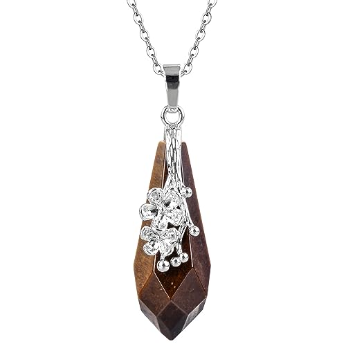 Nupuyai Tiger's Eye Crystal Point Pendant Necklace for Women Men Flower Wrap Faceted Healing Stone Quartz Point Pendant with Chain